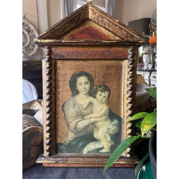 Vintage Florentino Virgin & Child Madonna Hand Made Hanging Plaque Italy gold